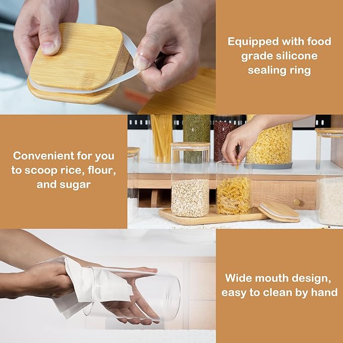 52oz Airtight Glass Square Storage Canister with Bamboo Lid Set of 3 (1550ml) Container Stackable Spice Jar, Kitchen Canister for Flour, Cookies, Cereal and Coffee beans (‎with Black Lable)