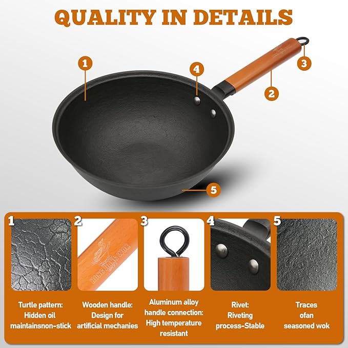 Nonstick Frying Wok Pan Hybrid, 11 Inch Preseasoned Deep Stir Fry Pan Skillet with Glass Lid, Traditional Chinese Cast Iron Wok, No Coated Saucepan for Induction, Electric, Gas, Grill Stoves