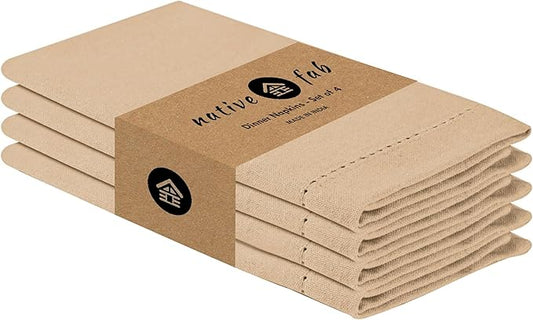 Native Fab Cloth Napkins, Set of 4, 100% Cotton, Hemstitch Mitered Corners, 18"x 18", Soft, Washable, Absorbent, Reusable, Premium Linen Quality - Events, Wedding, Party, Dinner Napkins - Beige