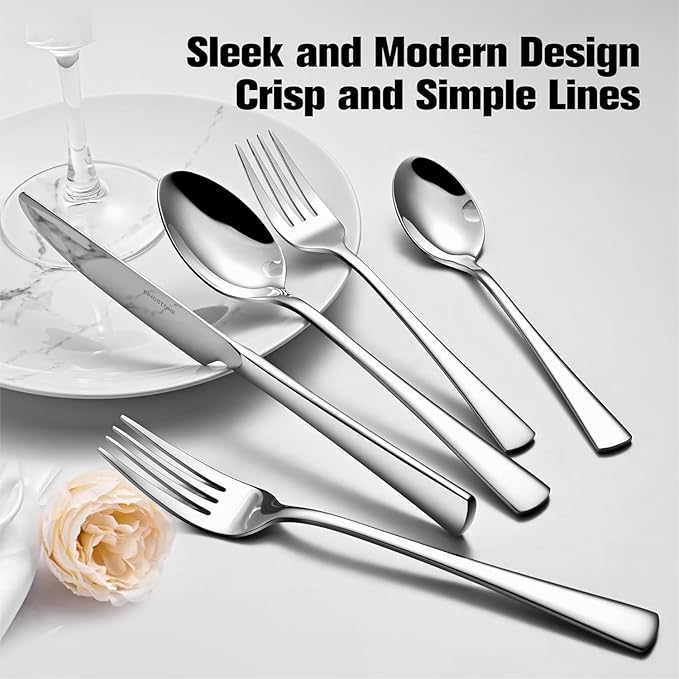 KINGSTONE Silverware Set for 12, 65-Piece Forged 18/10 Stainless Steel Flatware Set, Mirror Finish Cutlery Set Dishwasher Safe for Home, Restaurant, Wedding, Party
