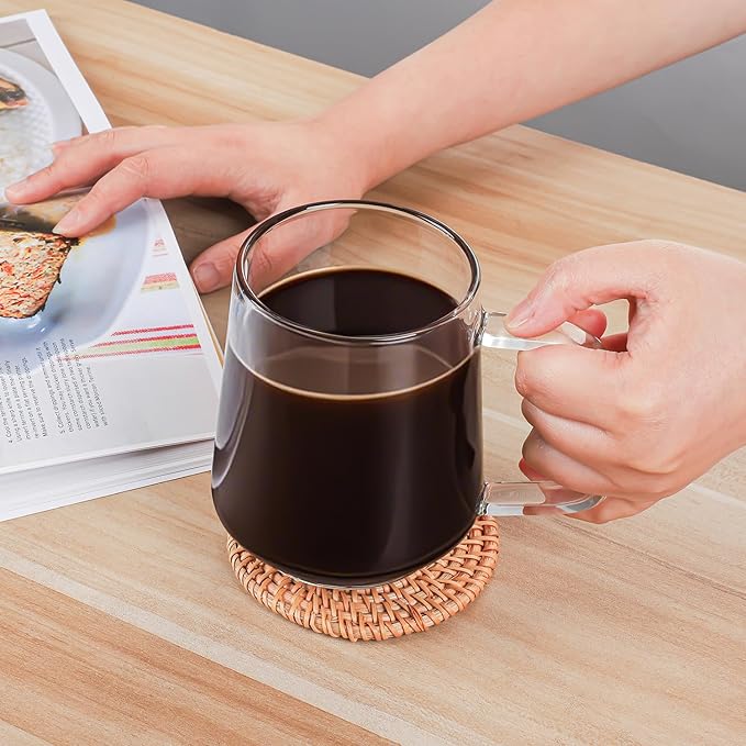 Aquach 20 Oz Glass Coffee Tea Cups, Clear Mugs with Handle, Microwave and Dishwasher safe Home Office Mug Perfect for Americano Latte Hot Beverages, 2-Pack