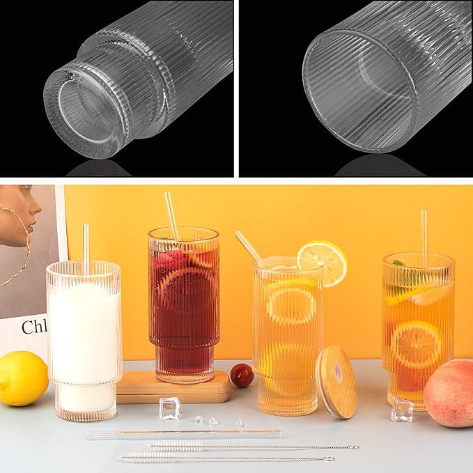 8 Pcs 11oz Ribbed Glass Cups With Bamboo Lids, Stackable, Vintage, Suitable for Coffee, Juice, Cocktails, Beer