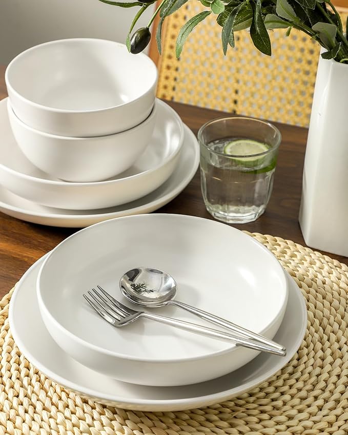 Stoneware plates and bowls sets, 12 Pieces Dinnerware Sets, Dishes Set for 4,Kitchen Essential of Scratch-Resistant Ceramic Plates Set, Microwave and Dishwasher Safe Tableware- Matte white