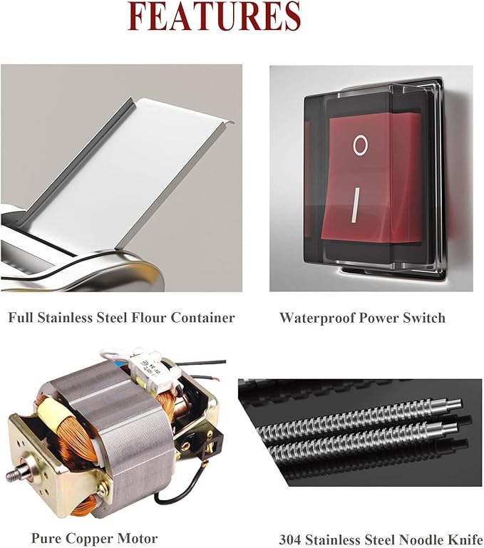 Electric Pasta Noodle Maker Machine, Built-in 2.5 mm Blade, Dough Width 14 cm, 0.3-4 mm Adjustable Thickness, Output 5Kg/H for Home & Commercial Use