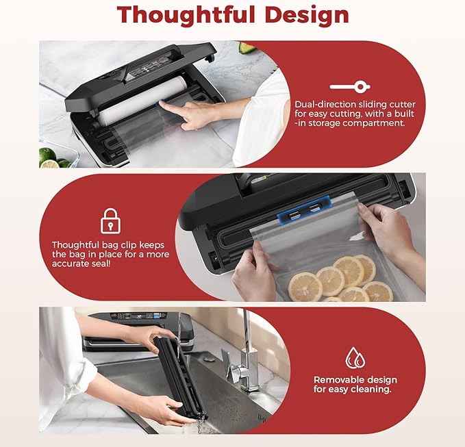 95kpa Vacuum Sealer Machine,Commercial Full Automatic Food Sealer,Powerful Sealing System with Double Heat Seal,Built-in Cutter&Bags Storage,1 Bag Rolls and 10 pcs Pre-cut Bags