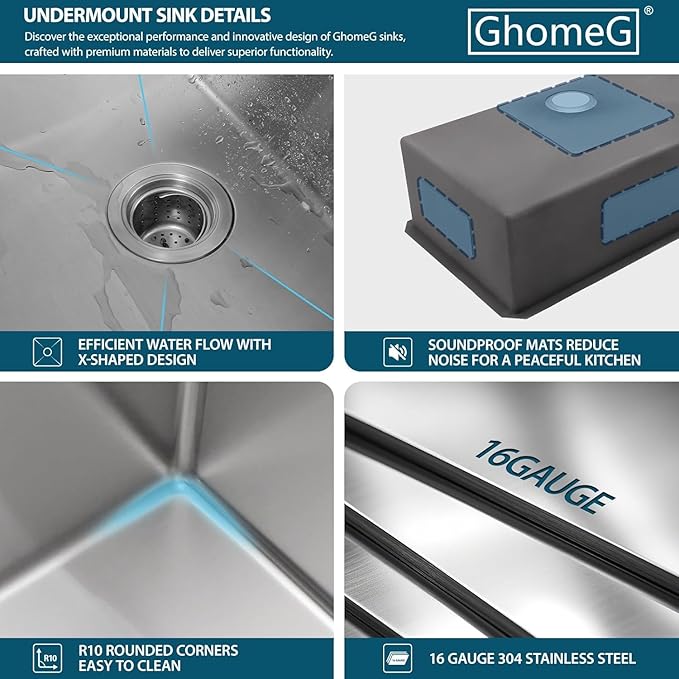 33 Inch Undermount Kitchen Sink 33x19 Stainless Steel 16 Gauge Single Bowl Kitchen Sink with Round Corners Under Mount 33x19x9 Inch