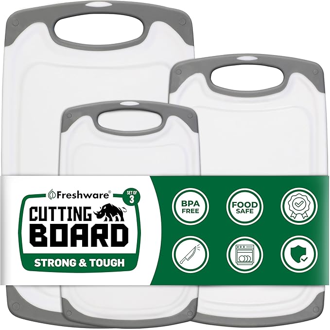 Freshware Cutting Boards for Kitchen, Chopping Board 3-Pack with Different Sizes, Juice Grooves and Non Slip Handles - Reversible, Large Cutting Board Set - Dishwasher Safe - Gray