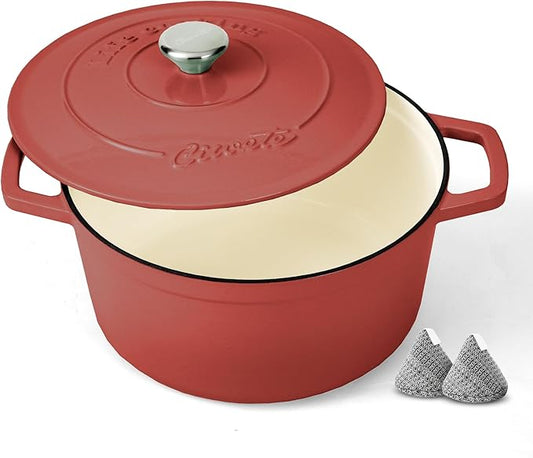 Enameled Cast Iron Dutch Oven – 4.4 Quart Pot with Lid & Potholders – Heavy-Duty Cookware for Bread Baking, Braising, Stews & Roasting – Oven & Stovetop Safe up to 500°F – Red