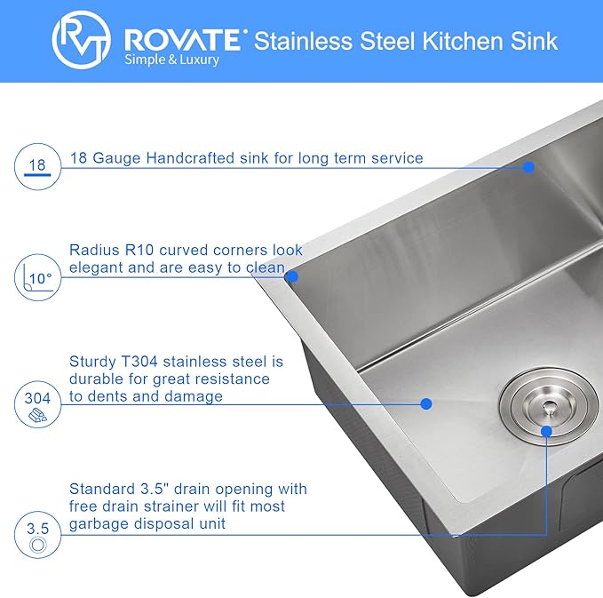 ROVATE 22 x 18 inch Kitchen Sink Undermount Single Bowl, 304 Stainless Steel Bar or Prep Kitchen Sink Handmade with Strainer