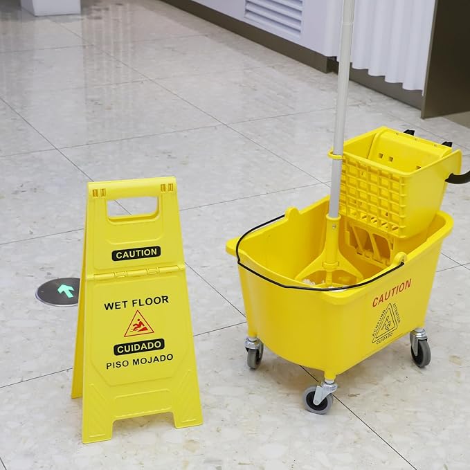 Side Press Wringer Combo Commercial Mop Bucket on Wheels, 35 Quart,Yellow, Including Wet Floor Caution Sign（24Inch） and One Industrail Mop