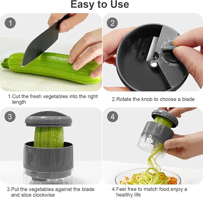 3 in 1 Vegetable Spiralizer Slicer, Adjustable Zucchini Carrot Noodle Maker, Cucumber Spiral Cutter, Easy to Use Kitchen Tool（Dark Grey）