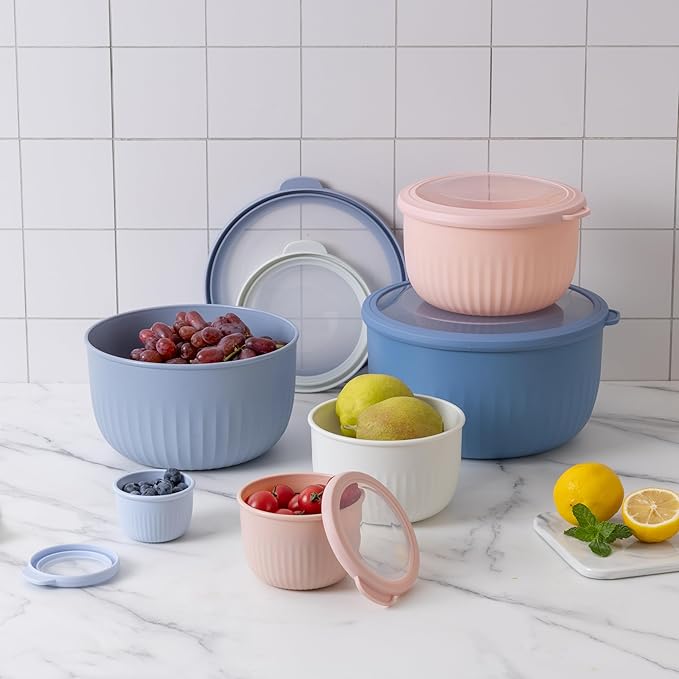 COOK WITH COLOR Prep Bowls with Lids- Wide and Deep Nesting Plastic Small Mixing Bowl Set with Lids, 12 Piece Set - Deep Bowls, Blue/Pink