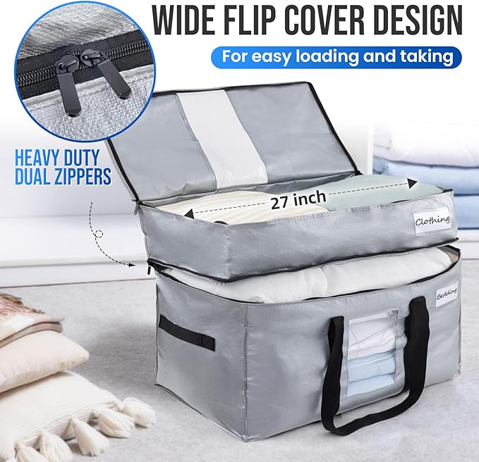 TAILI 2 Tier Extra Large Moving Bags, 2 Pack Silver Heavy Duty Totes for Storage with Visible Window, Wrap Around Handles, Storage Bags for Space Saving, Alternative to Moving Boxes