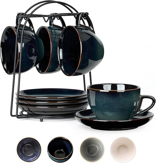 SIDUCAL Espresso Cups Set of 4 [8oz] Porcelain Coffee Cups with Saucers and Holder,Latte Cups- Latte Art Cup - Microwave/Dishwasher Safe,Espresso Demitasse Cups(Blue and Green)