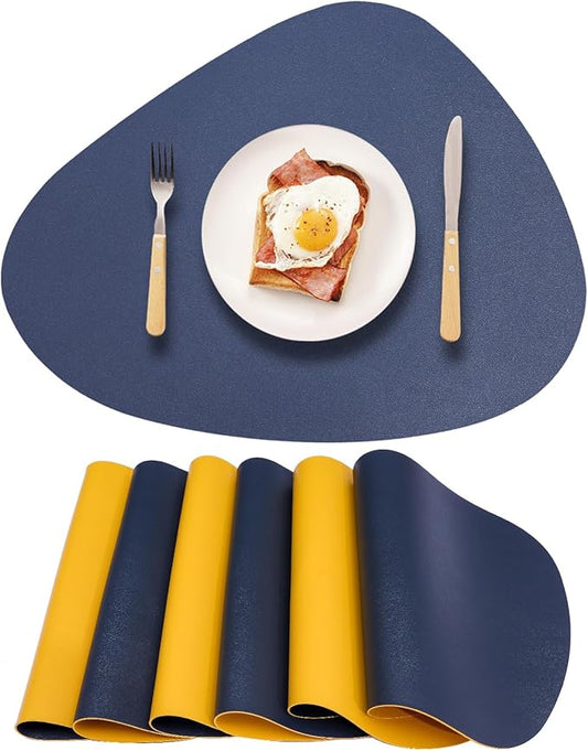 Faux Leather Placemats Set of 6 Waterproof,Round Reversible PU Placemat for Dining Table,Heat Resistant Wipeable Anti Slip Table Mats,Modern Table Protectors(Navy Blue and Yellow)