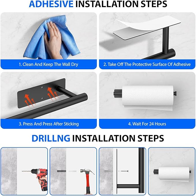 Paper Towel Holder Under Cabinet, Self-Adhesive,No Drilling, Stainless Steel, Wall-Mounted for Kitchen and Bathroom, Easy Install, Durable, Space-Saving, Ideal for Home, RV (Black, 1 Pack)