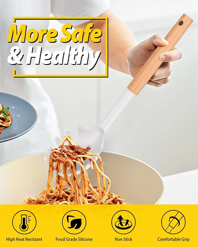 Silicone Pasta Fork and Ladle Spoon Set with Wooden Handle, Heat Resistant Non Stick Kitchen Utensils for Cooking, Stirring, Serving Spaghetti, Soup, Sauce(WHITE)