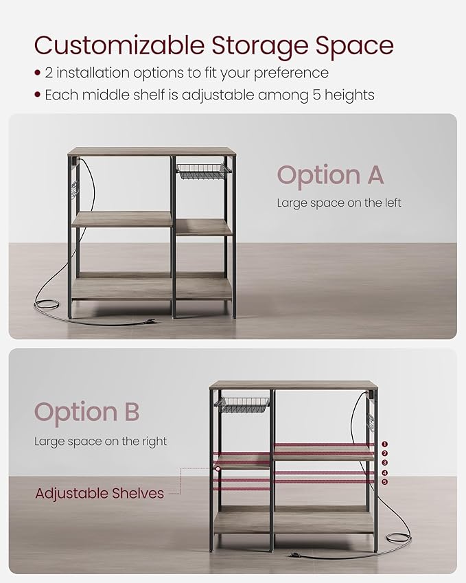 VASAGLE Baker's Rack, Coffee Bar Stand with Charging Station, Storage Shelves, Pull-Out Wire Basket, Table for Microwave, Kitchen, Greige UKKS036K02, 15.7 x 35.4 x 35.6 Inches