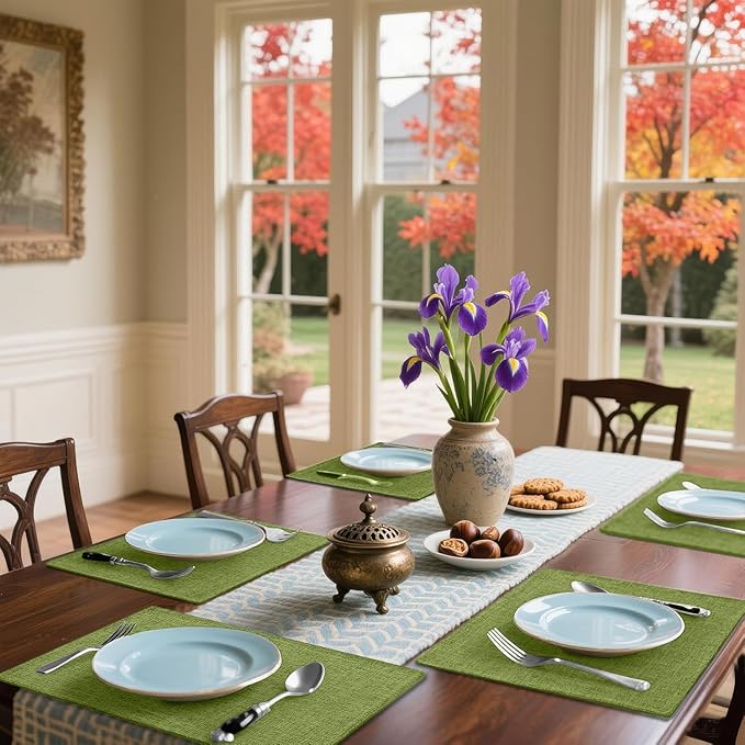 Homaxy Cloths Placemats for Dining Table Set of 4, Heat Resistant Washable Cotton Linen Blend Table Mats, Easy to Clean Place Mats for Indoor Outdoor Party Kitchen Decoration, 13" x 19", Grass Green