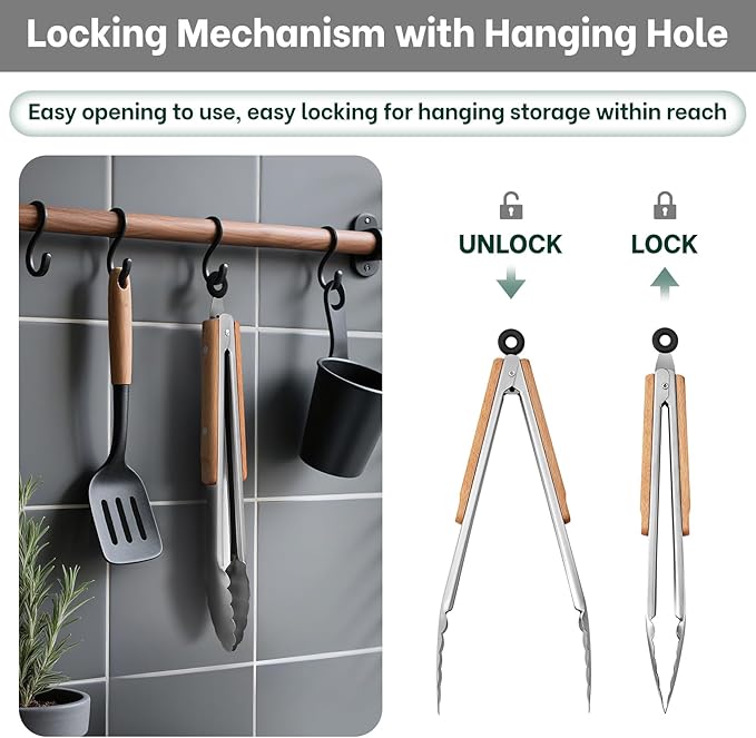 Beneno 12-Inch Stainless Steel Kitchen Tongs for Cooking with Heat-Insulating Wooden Grip Handle, Heavy Duty Heat-Resistant Metal Locking Tongs with Strong Scalloped Tips for Cooking, BBQ, Grab Food