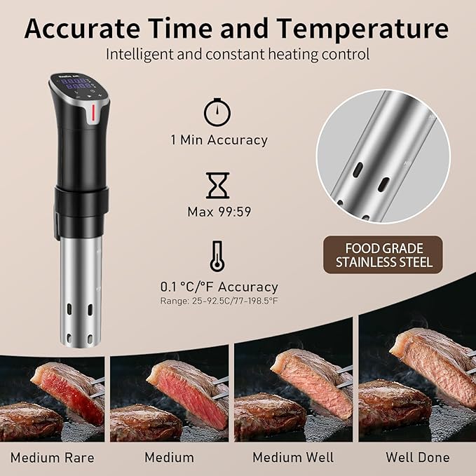 Sous Vide Cooker with APP Control,1100W Precision Sous Vide Machine with Digital Touch Screen,Ultra-quiet Immersion Circulator with Recipe and Timer for Beginners Home Chefs
