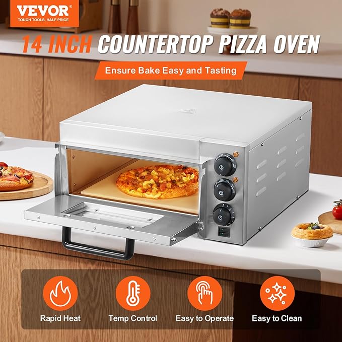 VEVOR Commercial Pizza Oven Countertop, 14" Single Deck Layer, Stainless Steel Electric Pizza Oven with Stone and Handle, Multipurpose Indoor Pizza Maker for Restaurant Home Pretzels Baked