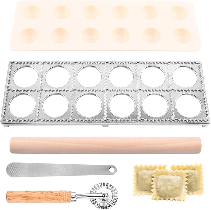 Ravioli Mold Set Include Ravioli Stamp Roller Wheel Wood Rolling Pin Pasta Making Tools Kit Pelmeni Mold Pierogi Press Maker Press Cutter, for home and restaurant
