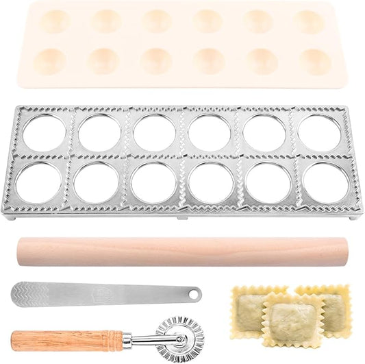 Ravioli Mold Set Include Ravioli Stamp Roller Wheel Wood Rolling Pin Pasta Making Tools Kit Pelmeni Mold Pierogi Press Maker Press Cutter, for home and restaurant