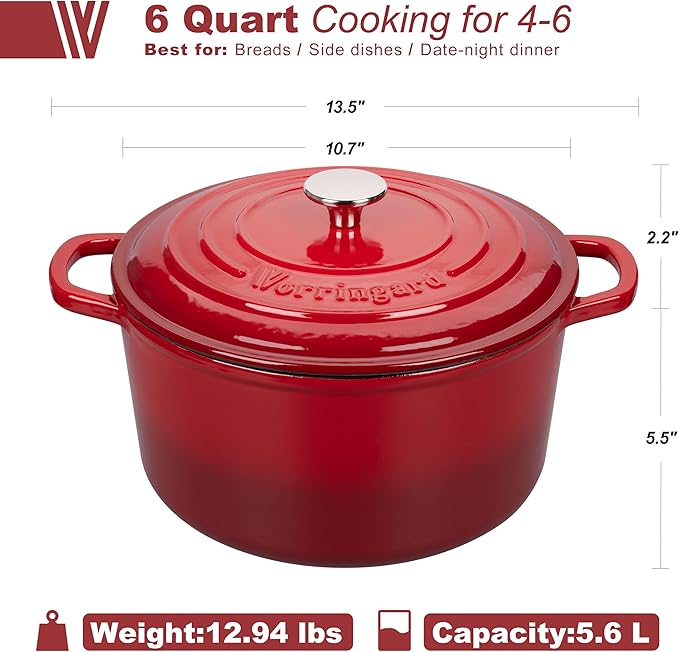 Enameled Cast Iron Dutch Oven Pot with Lid, for Sourdough Bread Baking, Round Dutch Ovens, 6 Quart, Red