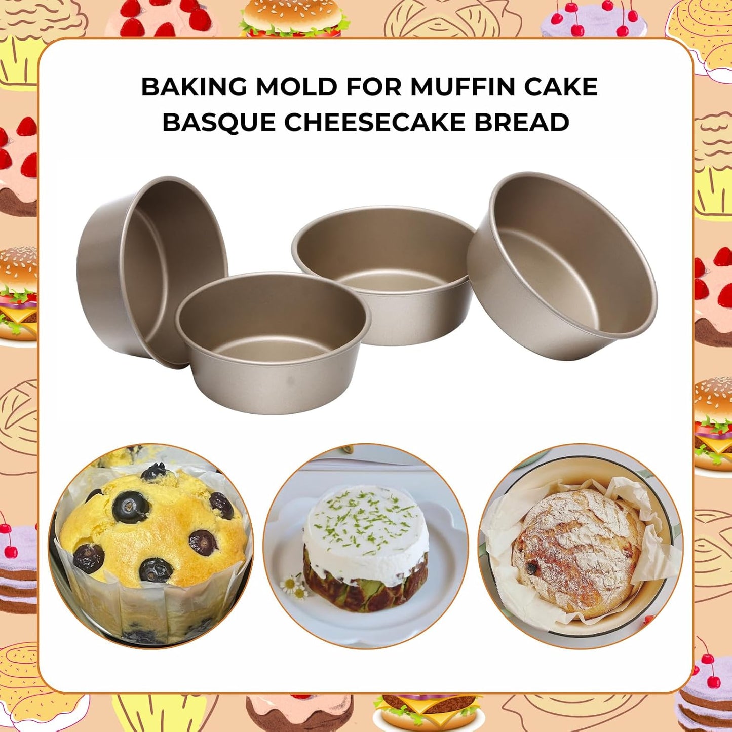 beyonday 4pcs Mini Bread Hamburger Bun Molds, 4 inch Round Carbon Steel Bread Cake Trays Non-stick Muffin Cheesecake Baking Mold for Birthday Party Wedding Anniversary Kitchen Bakeware