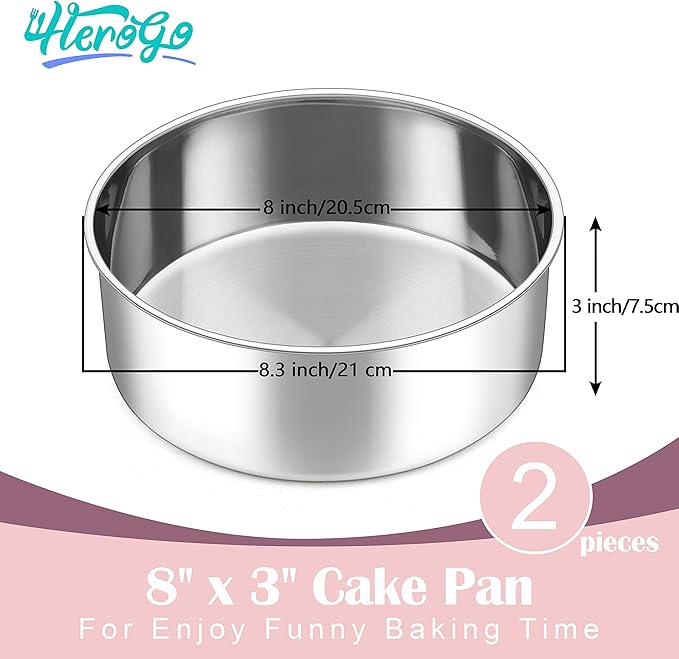 Herogo 8'' x 3'' Cake Pans Set of 2, Stainless Steel Deep 8 Inch Round Baking Pan, for Layer Birthday Wedding Christmas Cakes, Mirror Finish & Healthy, Deep Side & Oven Safe