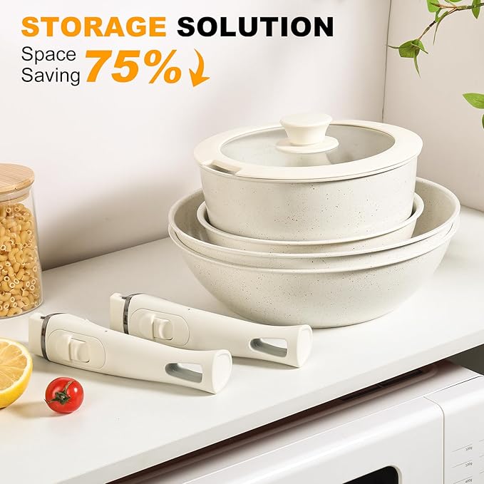 9 Pcs Ceramic Cookware Set Non Stick Frying Pots and Pans Set Non Toixc Cookware-PFAS/PFOA/PTFE Free, with Detachable Handle for RV Kitchen, Induction & Dishwasher Safe Cream White