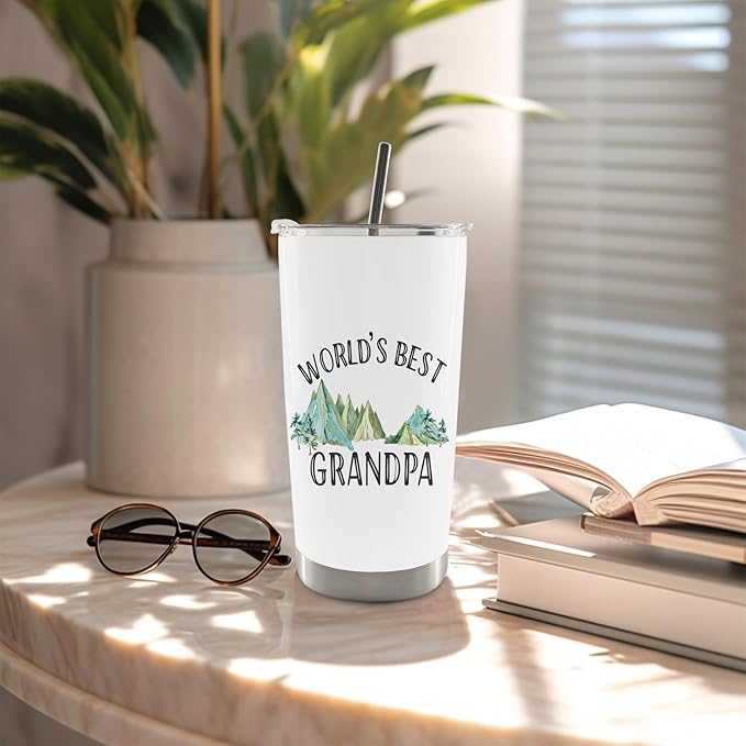 QASHWEY Grandpa Gifts Coffee Tumbler - Grandpas Grandfather Gifts, Grandpas Travel Tumbler Coffee Mug Gift for GrandpaPapa, World's Best Grandpa Mountain Stainless Steel Tumblers with Straw and Lid
