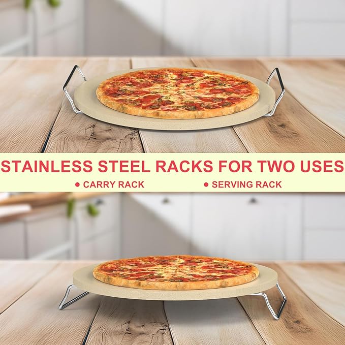 "DcYourHome 12 inch Round Pizza Stone with Rack for Oven, BBQ Grilling, Natural Cordierite Pizza Stone Kit with Pizza Peel & Plastic Scraper for Baking Bread, Universal High Temperature Baking Stone"