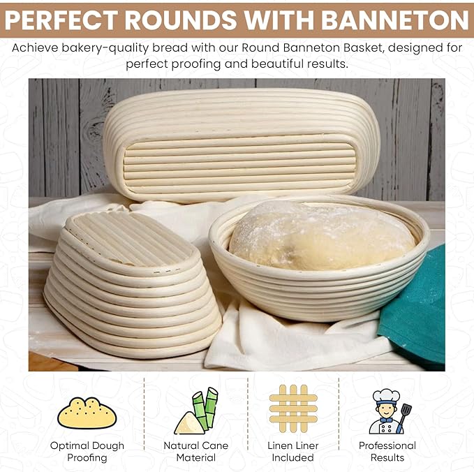 Banneton Bread Proofing Basket Set by Kutir - 9 Inch Round & 10 Inch Oval Sourdough Baskets with Linen Liner, Bread Lame, Dough Scraper - Baking Kit for Artisan Bread Making