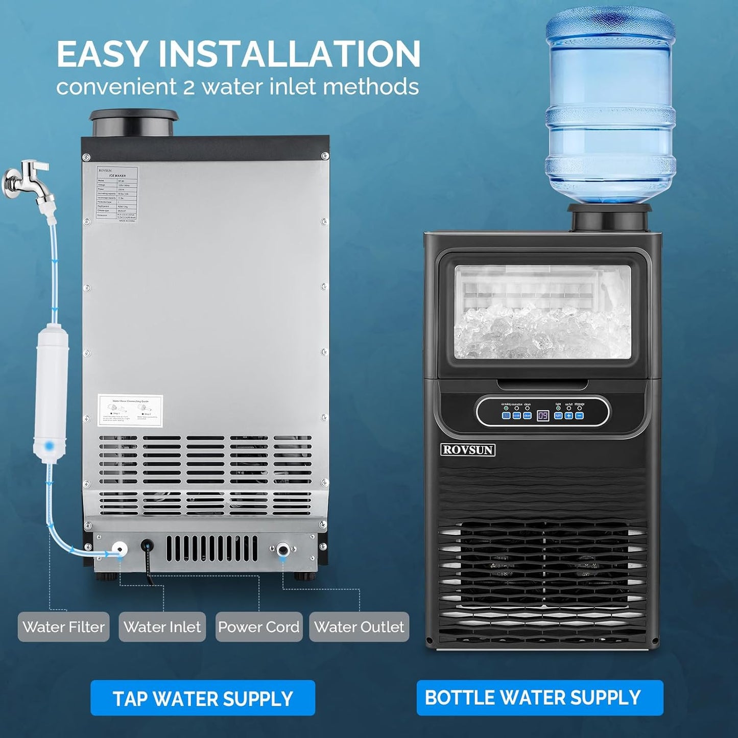 ROVSUN 70LBS/24H Countertop Ice Maker with 2 Water Inlets & Appointment Function, Freestanding Ice Machine with 11lbs Storage Bin, Ice Scoop, Drain Pipe & Water Filter (Black)