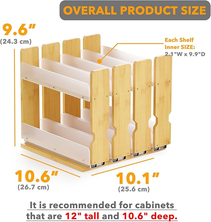 SpaceAid Bamboo Pull Out Spice Rack Organizer for Cabinet, Heavy Duty Slide Out Seasoning Kitchen Pantry Sliding Vertical Organization, 10.1" Wide, 4 Drawers(2" Wide), 2-Tier, Natural