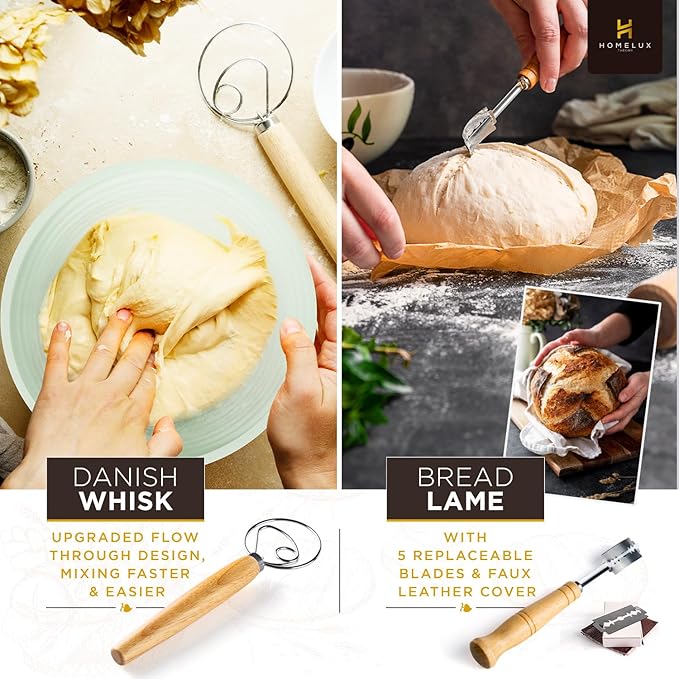 Sourdough Starter Kit, 14pcs Bread Making Kit & Sourdough Bread Baking Supplies Kit, Banneton Basket Kit for Sourdough Proofing with Bread Baking bowl for Artisan Breads (Green) by HOMELUX THEORY