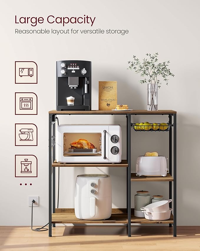 VASAGLE Baker's Rack, Coffee Bar Stand with Charging Station, Storage Shelves, Pull-Out Wire Basket, Table for Microwave, Kitchen, Rustic Walnut UKKS036K41, 15.7 x 35.4 x 35.6 Inches