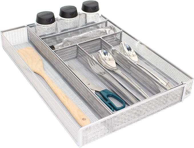 JANE EYRE Utensil Drawer Organizer - Expandable Cutlery Tray, Silverware/Flatware Storage Divider for Kitchen, Mesh Designing with Non-slip Rubber Feet (Silver)