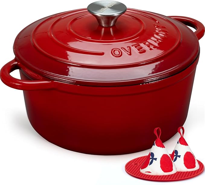 Overmont Enameled Cast Iron Dutch Oven - 4.5QT Pot with Lid Cookbook & Cotton Potholders - Heavy-Duty Cookware for Braising, Stews, Roasting, Bread Baking red