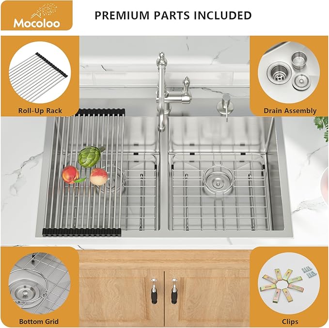 Mocoloo 33 Drop In Kitchen Sink Double Bowl 33 x 22 Drop Sink Double Bowl 50/50 T304 Stainless Steel 16 Gauge Topmount Handmade, 10 Inch Deep