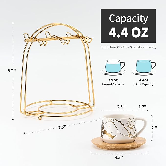 LUKA Ceramic Espresso Cups with Saucers and Metal Stand, Small 4 oz Porcelain Demitasse Cups Set of 6, Cute Cappuccino Coffee Cups for Double Espresso, Tea, Marbling White & Black