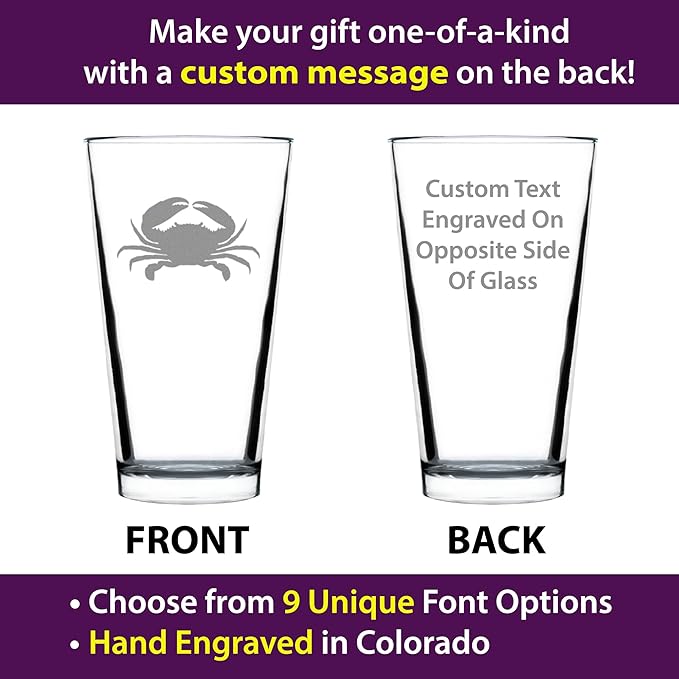 Custom Crab Pint Glass for Beer - Beach Themed Decor and Gifts for Ocean Lovers - Engraved Silhouette - 16 Oz Glasses
