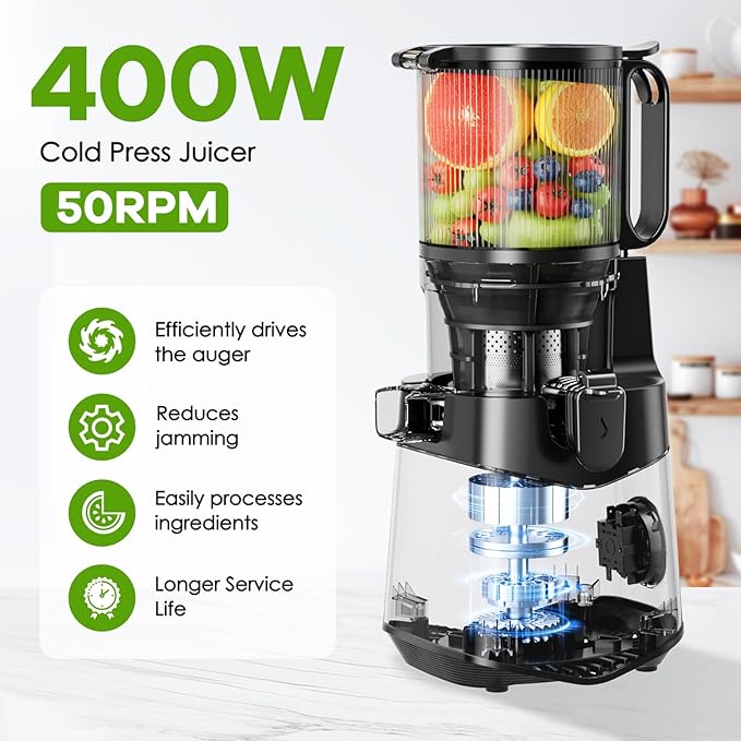 Cold Press Juicer, 5.8" Wide Feed Chute, 400W Slow Masticating Juicer Extractor Supports High Juice Yield, Whole Vegetables & Fruits, Silver Gray