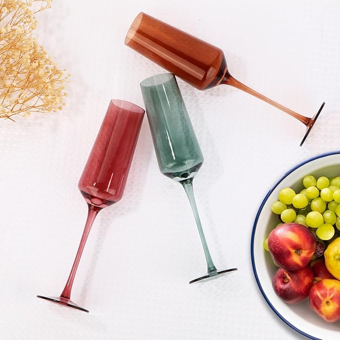 Colored Champagne Flutes Set of 6, Large 8 Oz Hand Blown Crystal Glasses, Lead-Free Colorful Glasses, Italian Style Tall Stemmed Glassware-Elegant Gift Box for Wedding, Party, Holidays, Birthdays