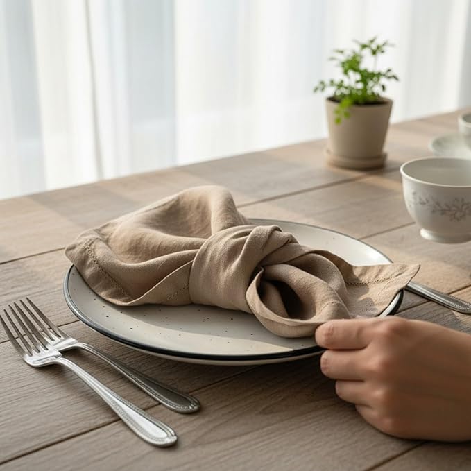 Hemstitched Linen Napkins – 20 Inch x 20 Inch – Stonewashed Pure Linen Cloth Dinner Napkins with Mitered Corners - 100% French Flax – Machine Washable - Set of 4 (Natural Rustic Taupe)