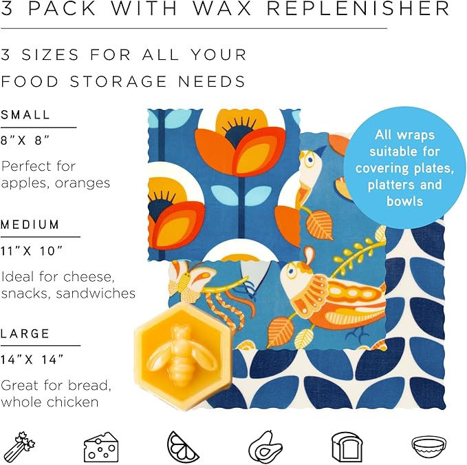 Honeybee Beeswax Wraps - Kitchen Starter Pack with Wax Replenish Block - Certified Organic Cotton Beeswax Wrap - Reusable Beeswax Food Wrap - 3 Pack - Small, Medium & Large
