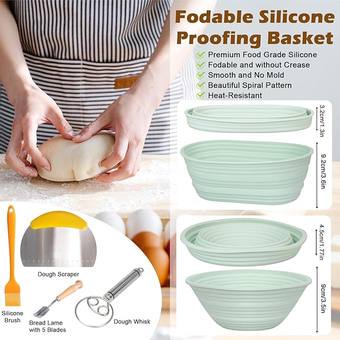Neddie Silicone Banneton Bread Proofing Baskets, 9 Inch Round & 10 Inch Oval Foldable Sourdough Baking Basket, Complete Set for Bread Making With Essential Tools, Easy to Clean and Storage (Green)