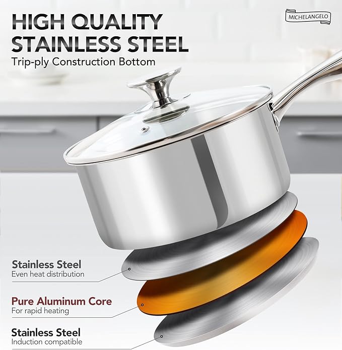 MICHELANGELO 1.5 Quart Saucepan with Lid, Triply Thick Bottom Sauce Pan Stainless Steel Saucepan 1.5 QT, Nonstick Sauce Pot, Induction Compatible